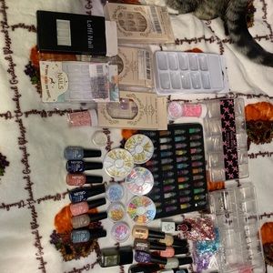 Gel polish, clear tips, instant gel nail extensions. embellishments.